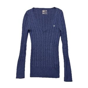 Y2K American Eagle Cable Knit Sweater Deep V Neck Layering Blue Size L